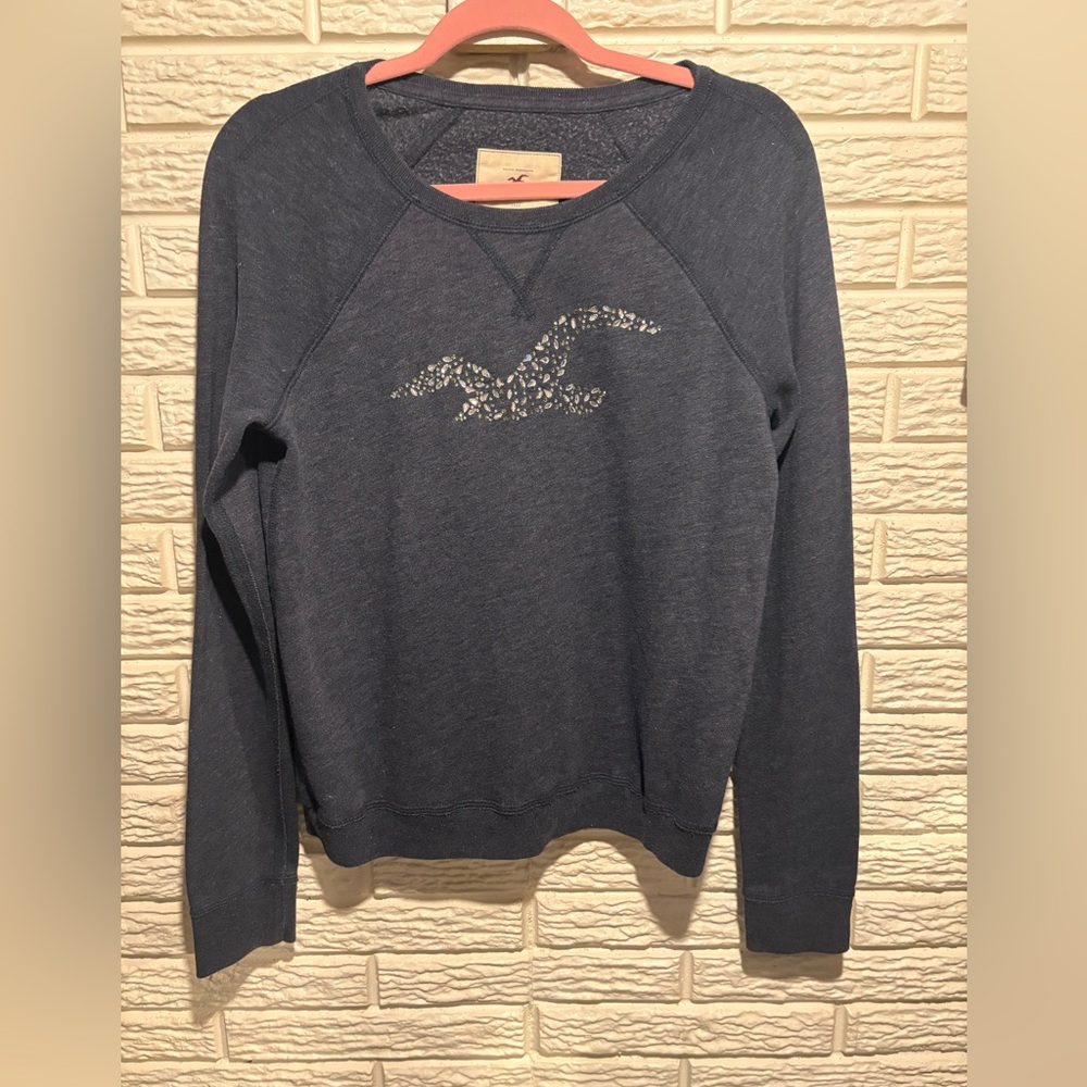 Hollister Navy Blue Crewneck Sweatshirt with Bling Logo